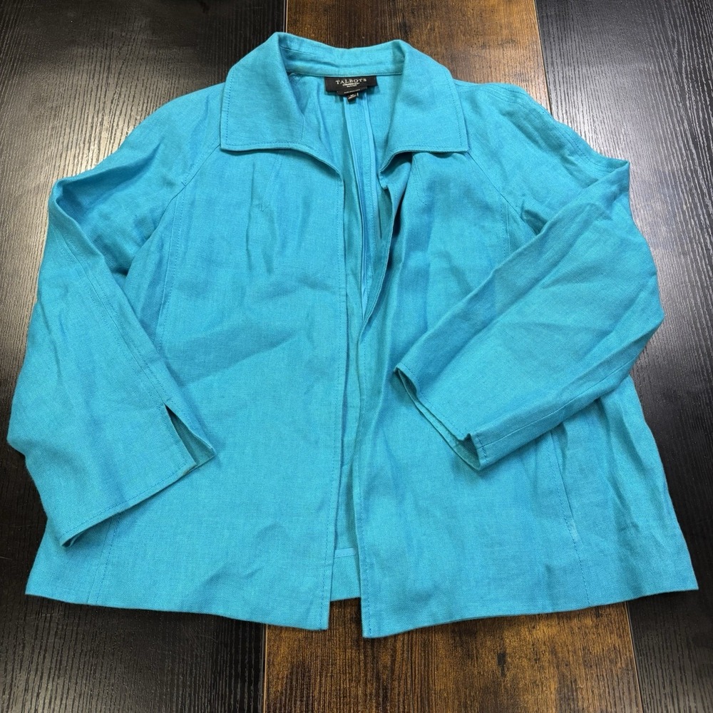 Talbots Jacket MPetite Teal‎ Blue 100% Pure Irish Linen Open Front Blazer Pocket